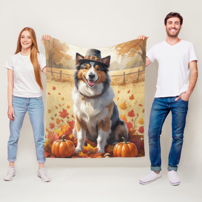 Couverture Polaire Rough Collie À L'Automne Feuilles Thanksgiving Art (En situation)