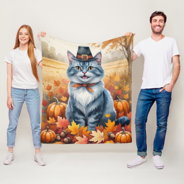 Couverture Polaire Russe Bleu Chat Automne quitte Thanksgiving Art (En situation)