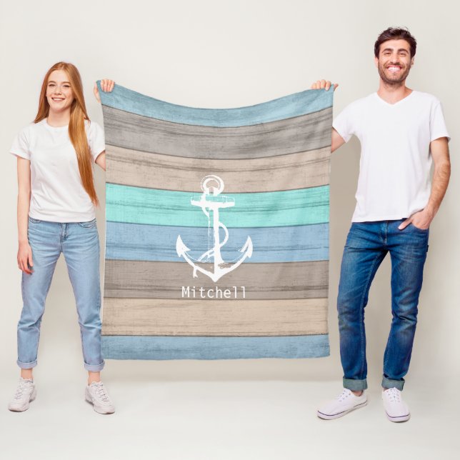 Couverture Polaire Rustic Beach Wood Bandes et Ancres nautiques (En situation)