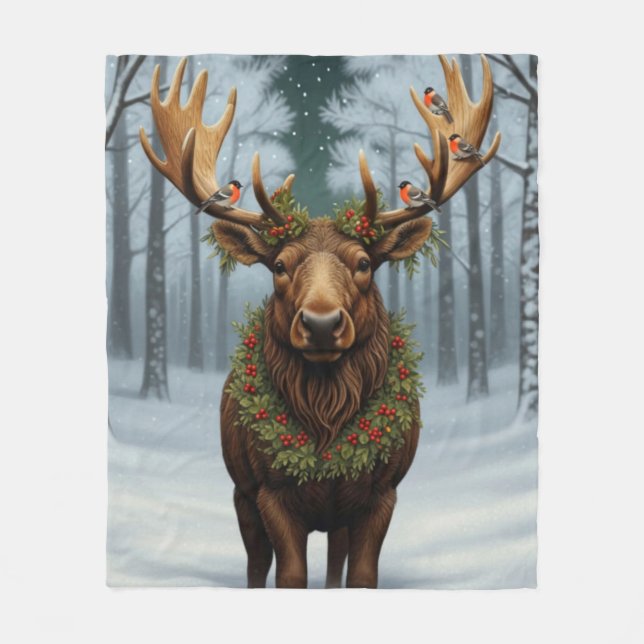 Couverture Polaire Rustic Christmas moose winter woodland forest  (Devant)
