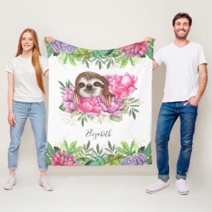Couverture Polaire Rustique Tropical Cute Floral Adorable Sloth