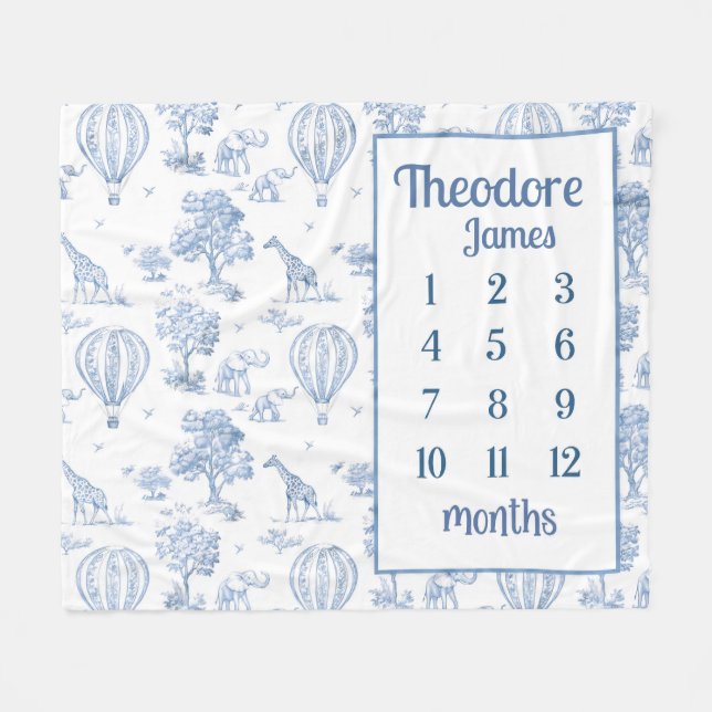 Couverture Polaire SAFARI TOILE MILESTONE Blanche, Bébé garçon bleu h (Devant (Horizontal))