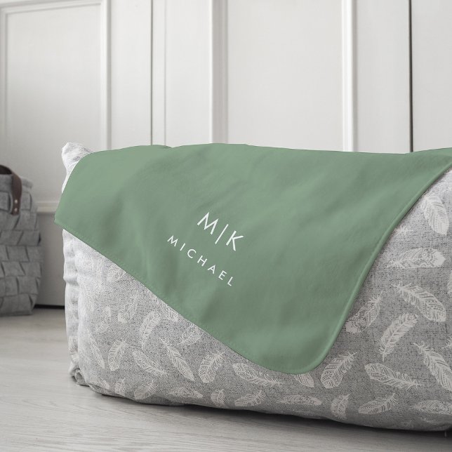 Couverture Polaire Sage vert et blanc | Monogramme moderne (Créateur téléchargé)