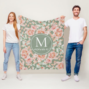 Couverture Polaire Sage Vert Floral Aquarelle Rose Motif Monogramme