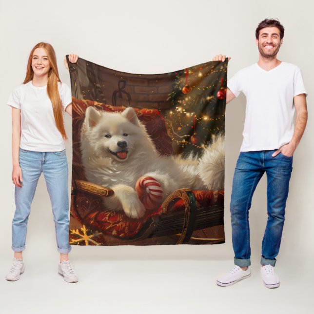 Couverture Polaire Samoyed Chien Festive de Noël (En situation)