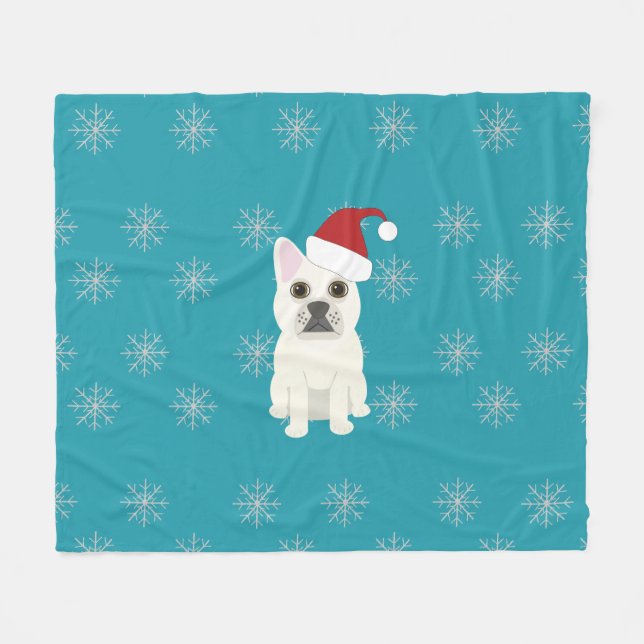 Couverture Polaire Santa Frenchie, Snowflakes Blue (Devant (Horizontal))