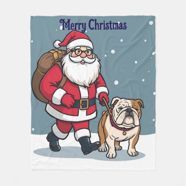 Couverture Polaire Santa walking a bulldog Christmas Fleece Blanket (Devant)