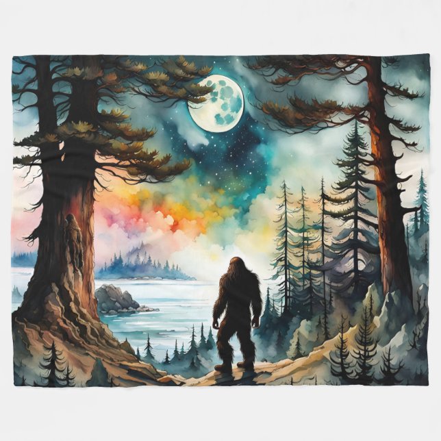 Couverture Polaire Sasquatch debout sous le clair de lune (Devant (Horizontal))
