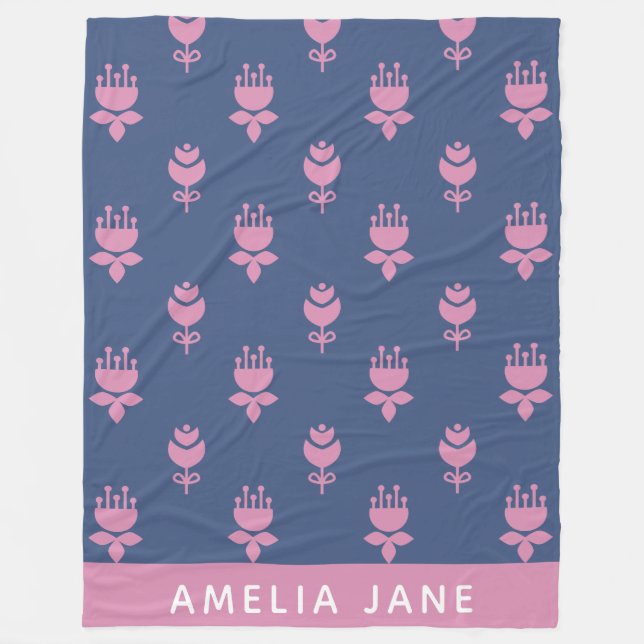Couverture Polaire Scandinavie Florale Motif bleu rose monogramme (Devant)