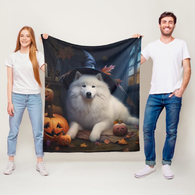 Couverture Polaire Scary d'Halloween Citrouille Samoyé (En situation)