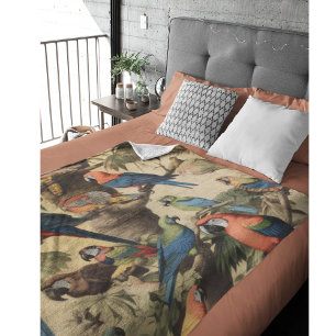 Couverture Polaire Scène botanique vintage perroquets colorés dans un