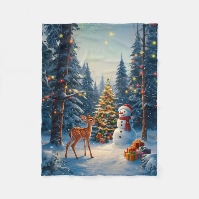 Couverture Polaire Scene d'arbre de Noël Cute Deer Fawn Snowman (Devant)