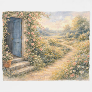Couverture Polaire Scène de chemin fleuri à la porte bleue du jardin