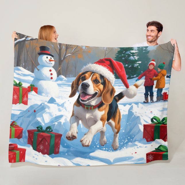 Couverture Polaire Scène de fête de Noël beagle (En situation)