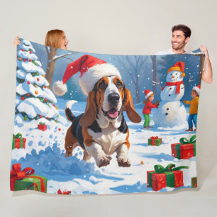 Couverture Polaire Scène de Noël festive avec un Basset Hound dans la