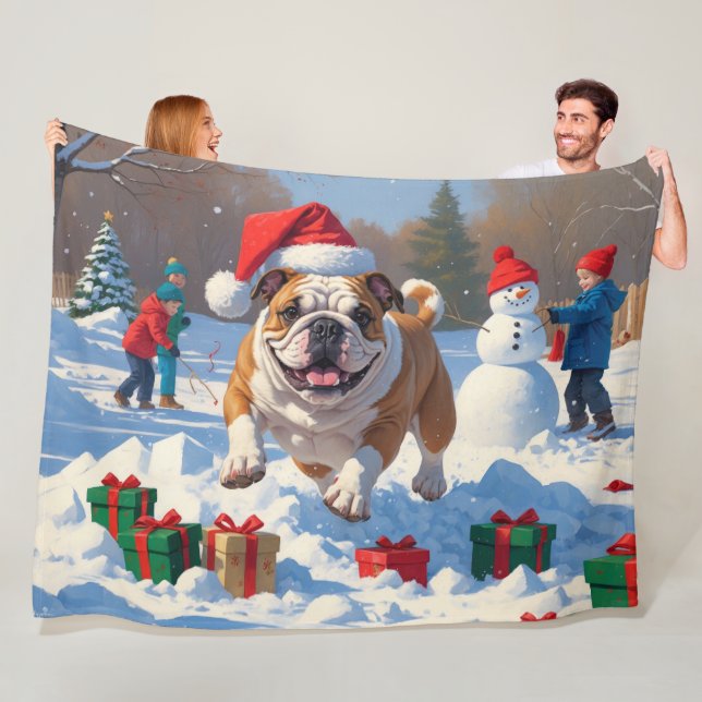 Couverture Polaire Scène enneigée festive de Noël Bulldog (En situation)