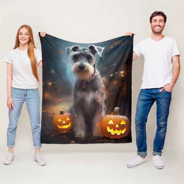 Couverture Polaire Schnauzer d'Halloween avec la peur Citrouille (En situation)
