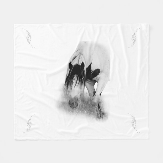 Couverture Polaire Shaman Stallion & Plumes Blanche en polaire (Devant (Horizontal))