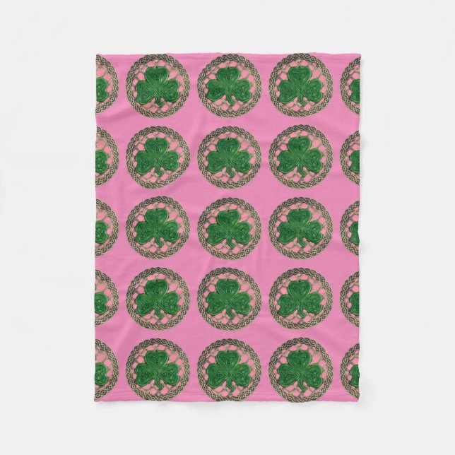 Couverture Polaire Shamrock rose sur noeuds celtiques Blanche en tois (Devant)
