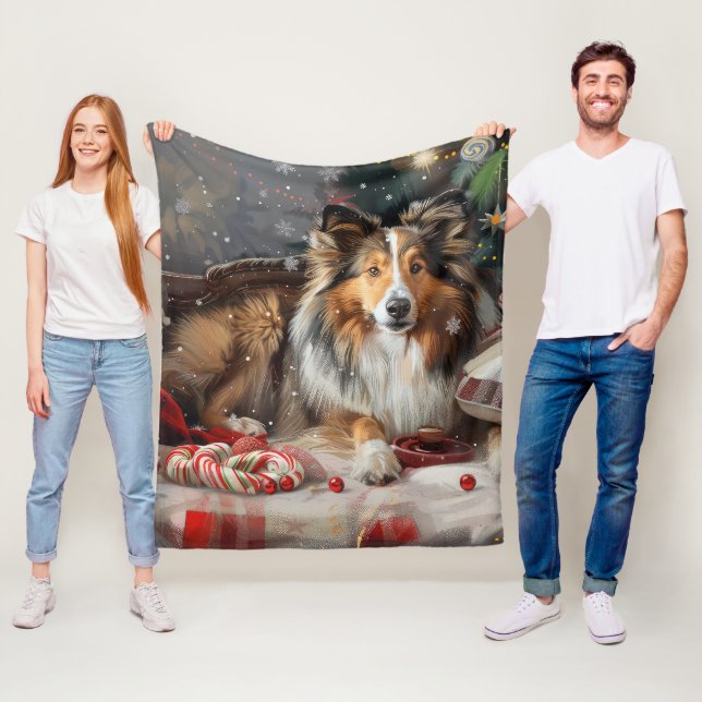 Couverture Polaire Shetland Sheepdog Festif de Noël (En situation)