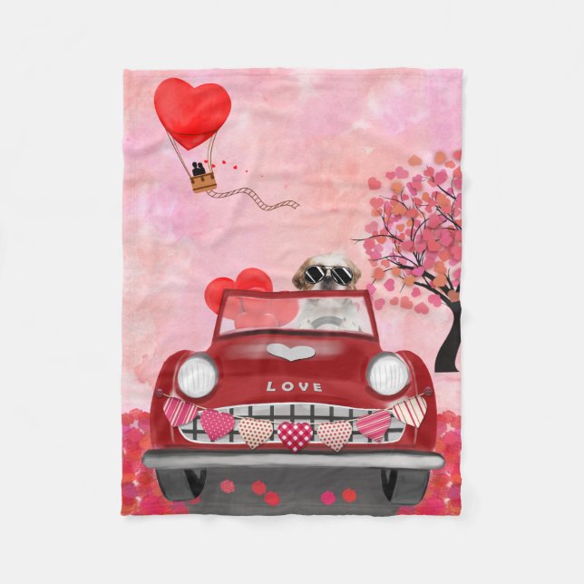 Couverture Polaire Shih Tzu Chien Voiture avec Coeurs Valentine's (Devant)