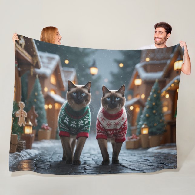 Couverture Polaire Siamese Cats Christmas Snow Holiday (En situation)