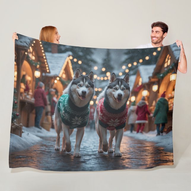 Couverture Polaire Siberian Husky Dogs Christmas Snow Holiday  (En situation)