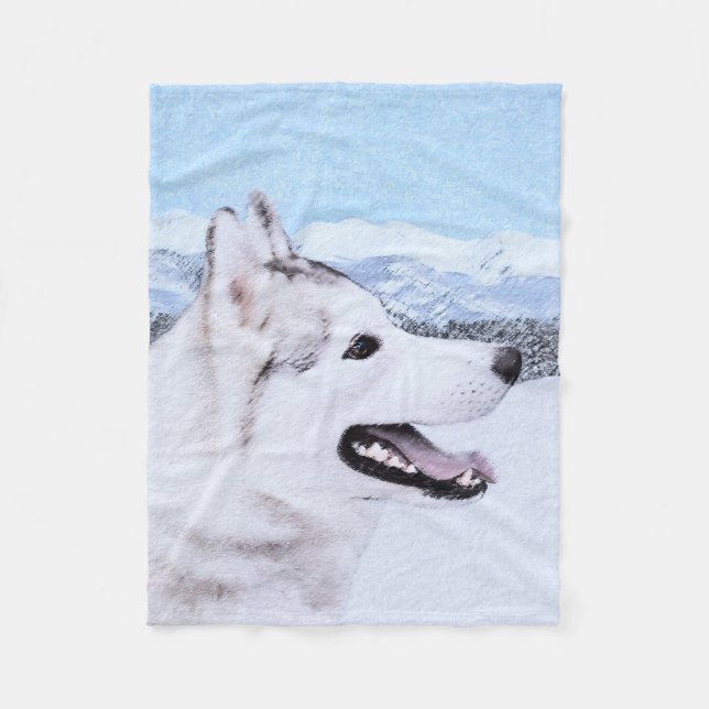 Couverture Polaire Sibérie Husky (argent et blanc) Peinture Chien Art (Devant)