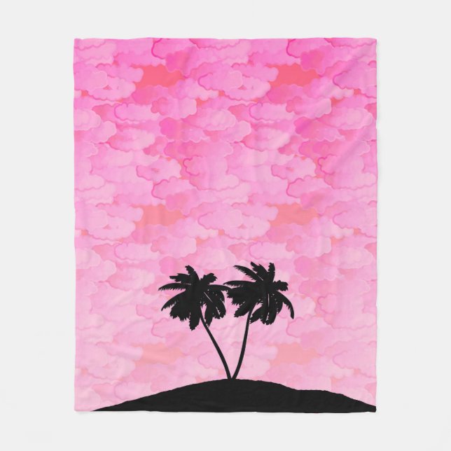 Couverture Polaire Silhouette de palmier contre l'aube rose avec nuag (Devant)