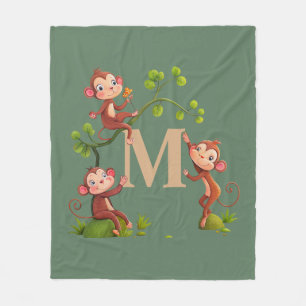 Couverture Polaire Singes mignons chic, monogramme doré sur fond vert