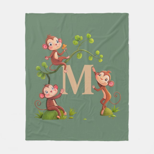 Couverture Polaire Singes mignons, Monogramme d'or sur Laurel Green (Devant)