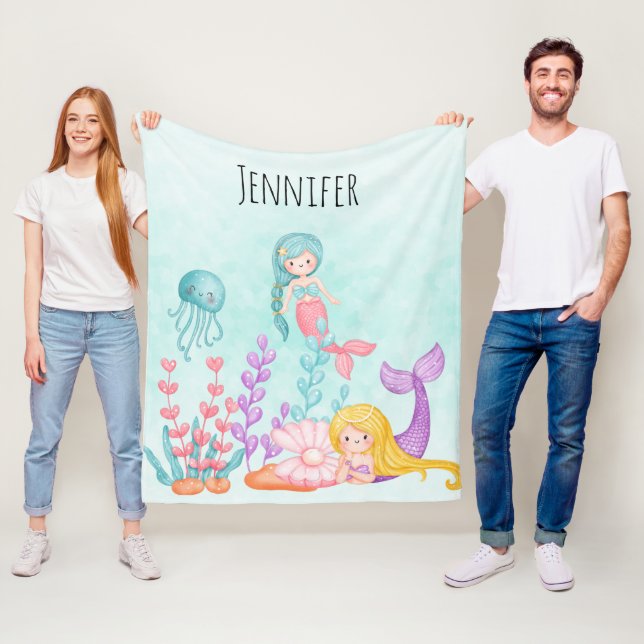 Couverture Polaire Sirène et méduse sous l'aquarelle marine (En situation)