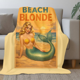 Couverture Polaire Sirène Pin-Up Blonde de Plage Jaune Rétro Côté M