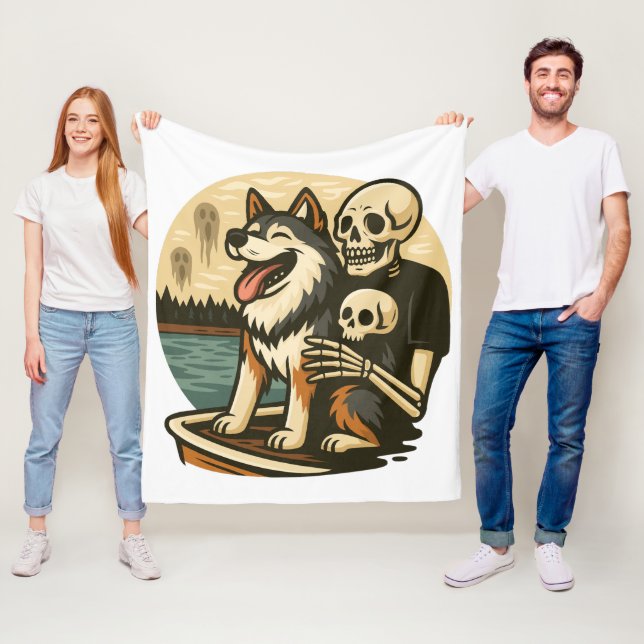 Couverture Polaire Skeleton with Dog on Haunted Lake Horror Art (En situation)
