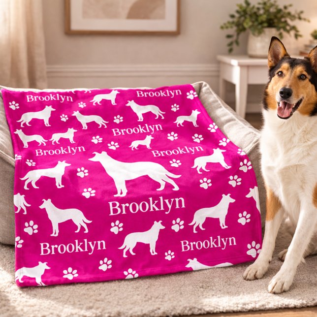 Couverture Polaire Smooth Collie Personalized Dog Blanket Bright Pink (Collie - smooth hair personalized blanket with collie name. Large blanket in pink shown here)