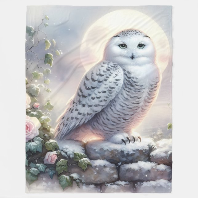 Couverture Polaire Snowy Owl in Moonlit Winter Garden (Devant)