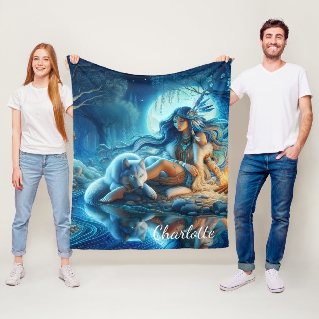 Couverture Polaire Soirée rivière calme avec Amérindiens et loups (En situation)