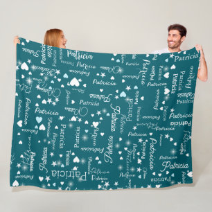 Couverture Polaire Son nom & Coeurs girly bleu turquoise