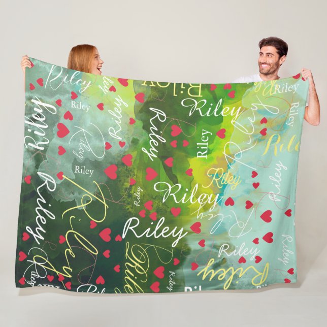 Couverture Polaire Son nom Initial et Red Hearts Aquarelle (En situation)