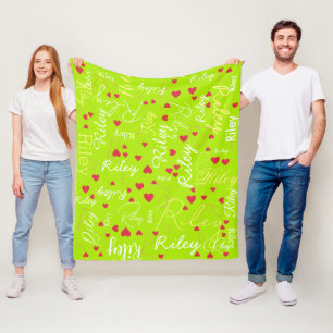 Couverture Polaire Son nom Initiale et Coeurs rouges Acid-Green