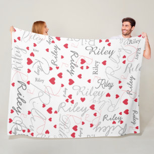 Couverture Polaire Son nom Initiale et Coeurs rouges partout Blanc