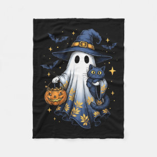 Couverture Polaire Sorcière fantôme d'Halloween tenant un chat noir d
