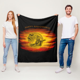 Couverture Polaire Sorcière volante avec chat noir, nuit halloween