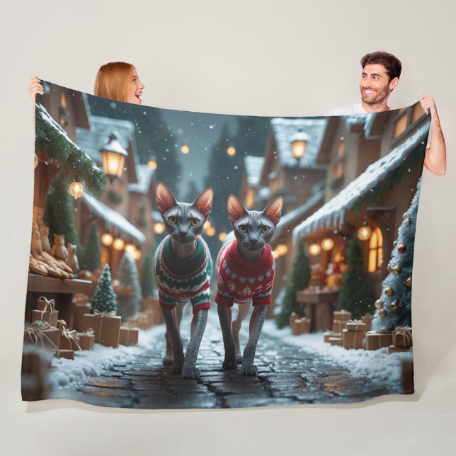 Couverture Polaire Sphynx Cats Christmas Snow Holiday (En situation)