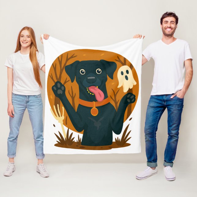 Couverture Polaire Spooky Cute Black Dog with Ghost  (En situation)