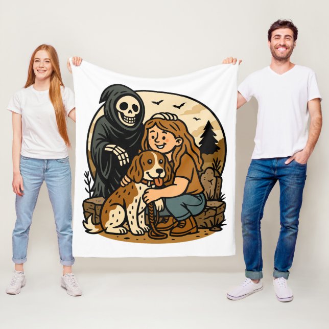 Couverture Polaire Spooky Grim Reaper with Girl and Dog Skeleton Art  (En situation)