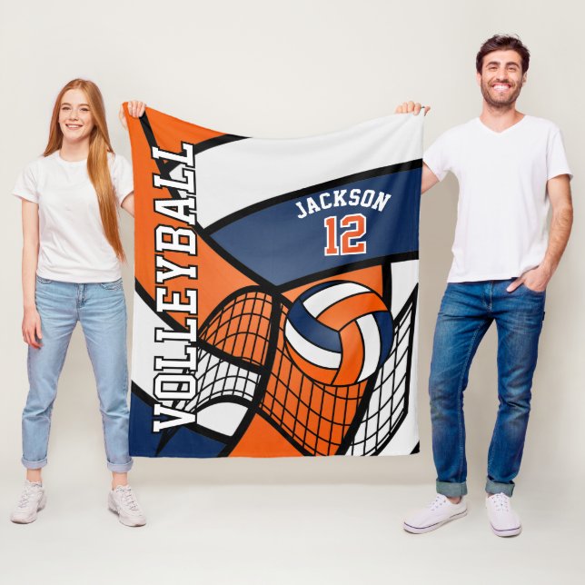 Couverture Polaire Sport 🏐 Volley-ball Design - Orange, Blanc, Marin (En situation)