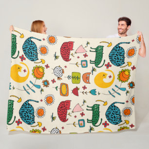 Couverture Polaire Spring Cat Beige - mignon fun chaton floral