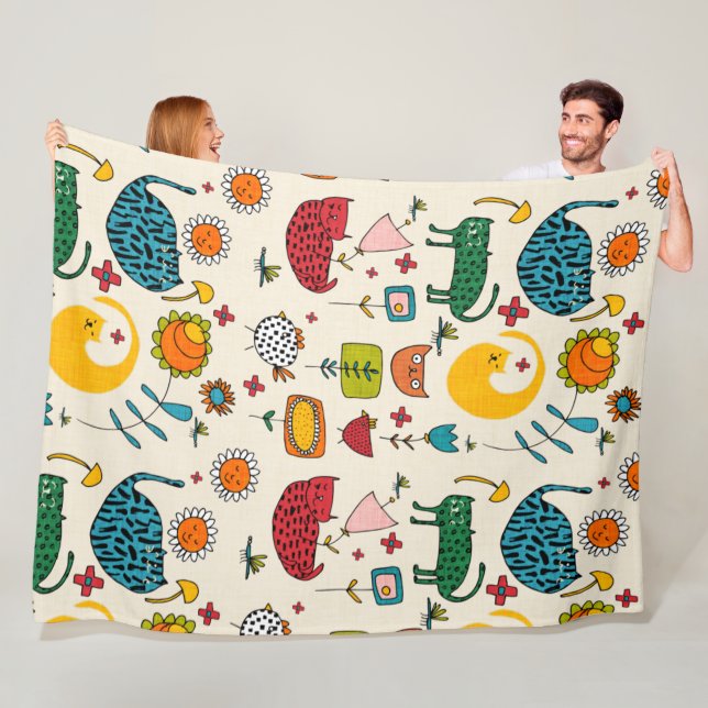 Couverture Polaire Spring Cat Beige - mignon fun chaton floral (En situation)