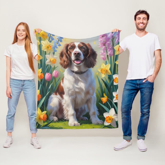 Couverture Polaire Springer Spaniel Chien Fleurs de printemps Peintur (En situation)